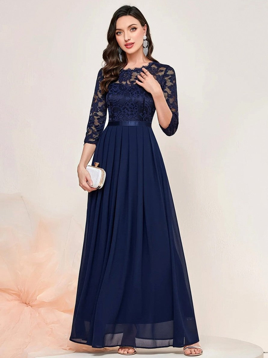 Lace 3/4 Sleeve Pleated A-Line Maxi Dress