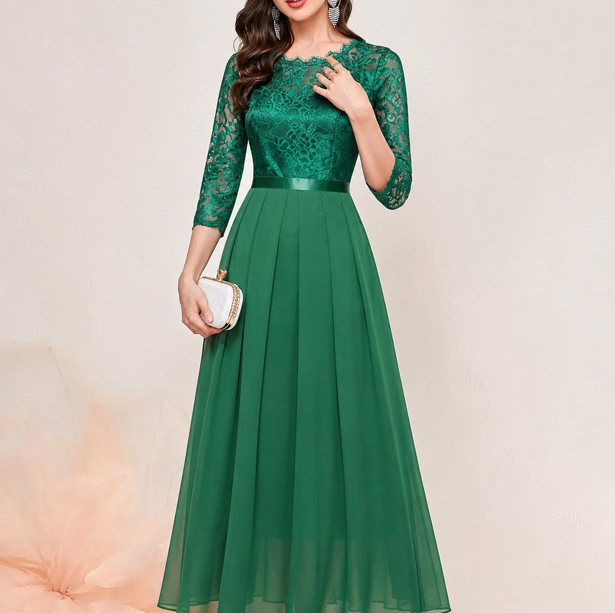 Lace 3/4 Sleeve Pleated A-Line Maxi Dress