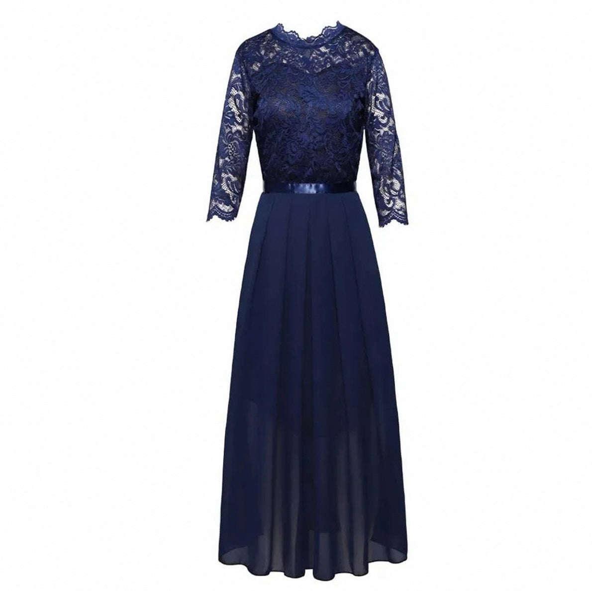 Lace 3/4 Sleeve Pleated A-Line Maxi Dress
