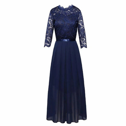 Lace 3/4 Sleeve Pleated A-Line Maxi Dress