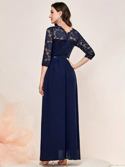 Lace 3/4 Sleeve Pleated A-Line Maxi Dress