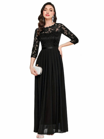 Lace 3/4 Sleeve Pleated A-Line Maxi Dress