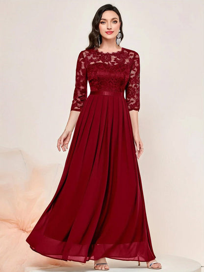 Lace 3/4 Sleeve Pleated A-Line Maxi Dress