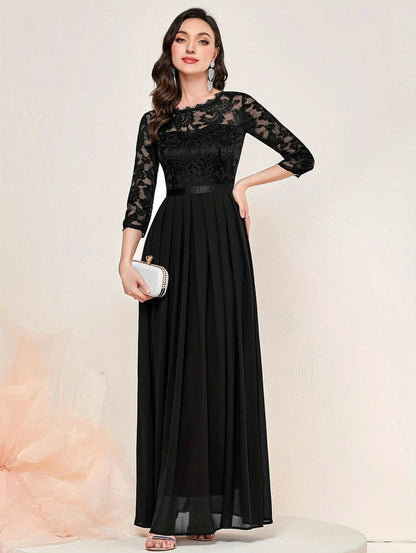 Lace 3/4 Sleeve Pleated A-Line Maxi Dress