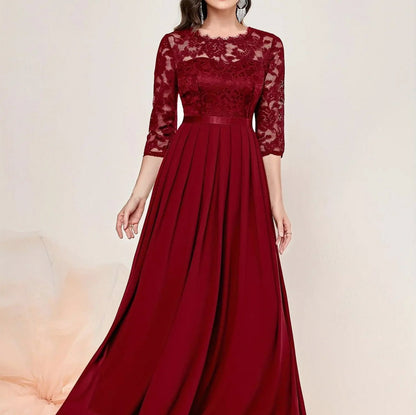 Lace 3/4 Sleeve Pleated A-Line Maxi Dress