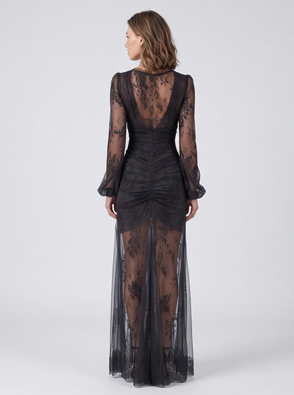 Lace Long Sleeve Ruched Maxi Dress