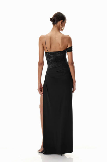 Lace Off Shoulder Draped Ruched Maxi Dress