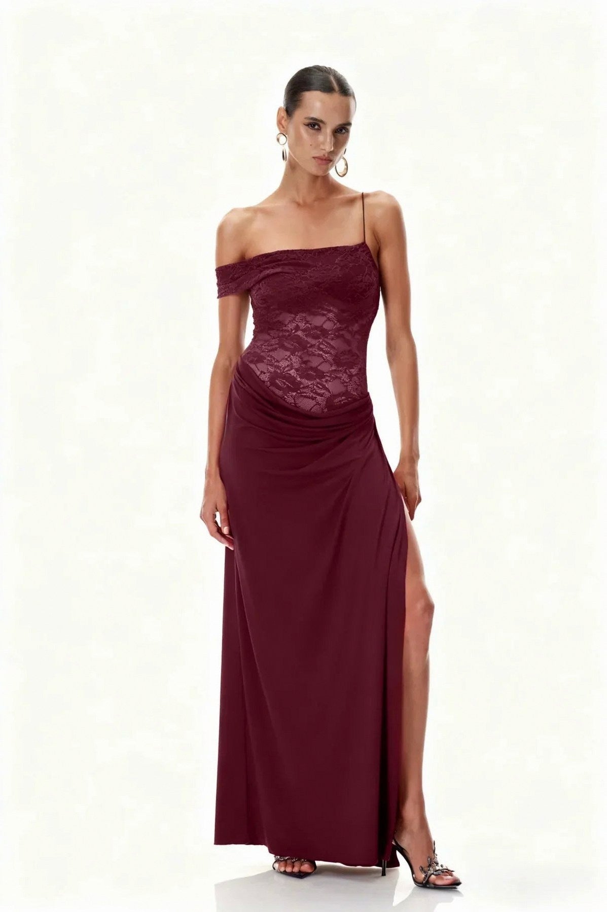 Lace Off Shoulder Draped Ruched Maxi Dress