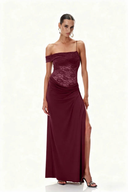 Lace Off Shoulder Draped Ruched Maxi Dress