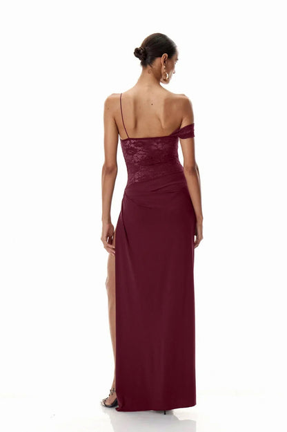 Lace Off Shoulder Draped Ruched Maxi Dress