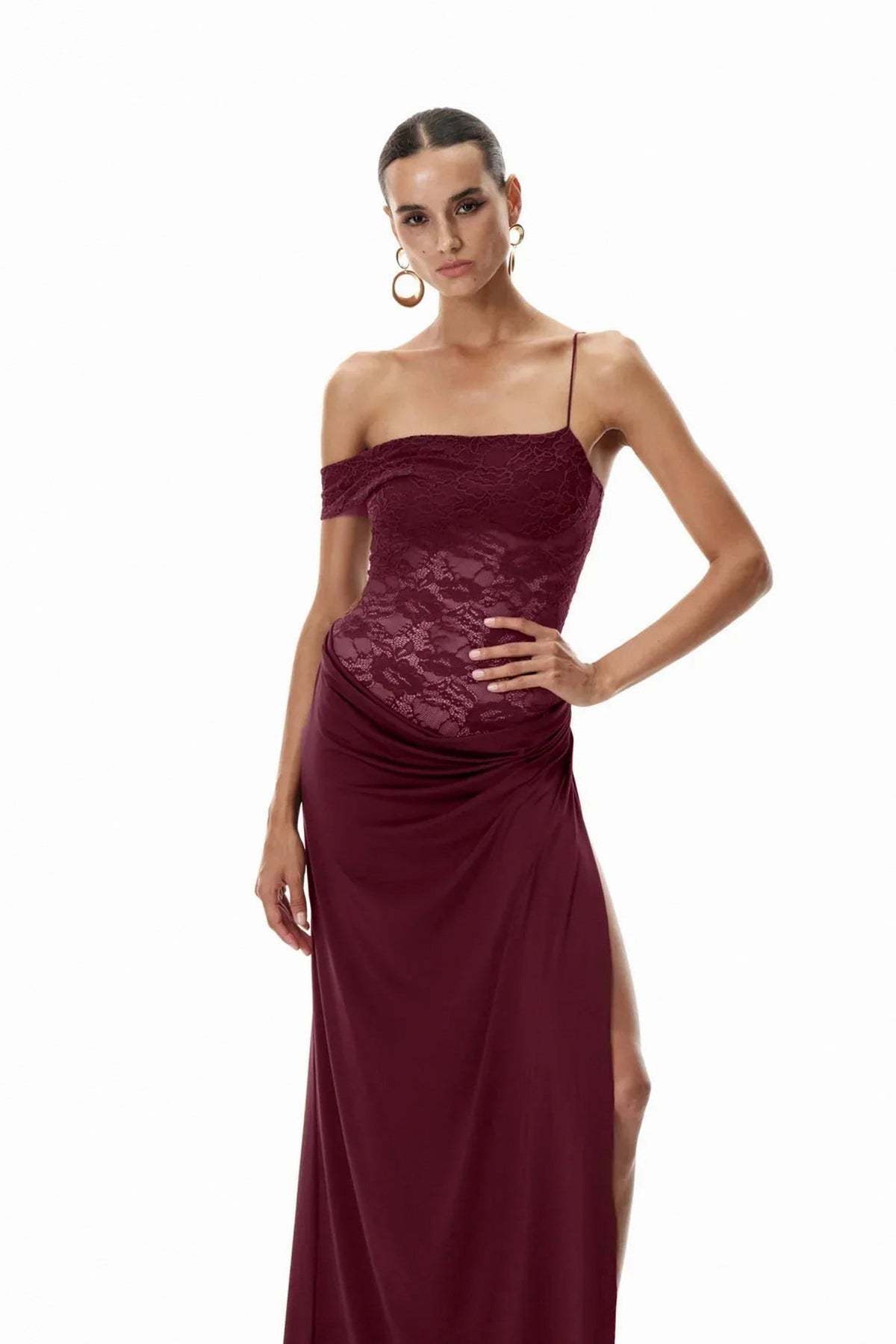 Lace Off Shoulder Draped Ruched Maxi Dress