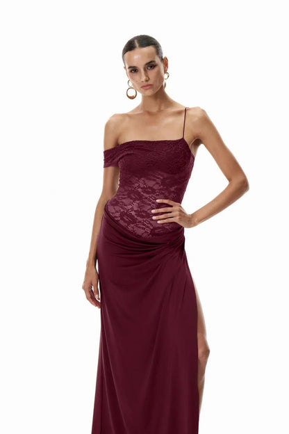 Lace Off Shoulder Draped Ruched Maxi Dress