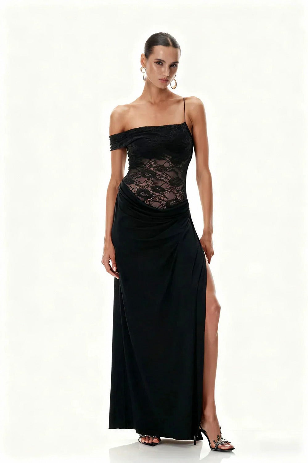 Lace Off Shoulder Draped Ruched Maxi Dress