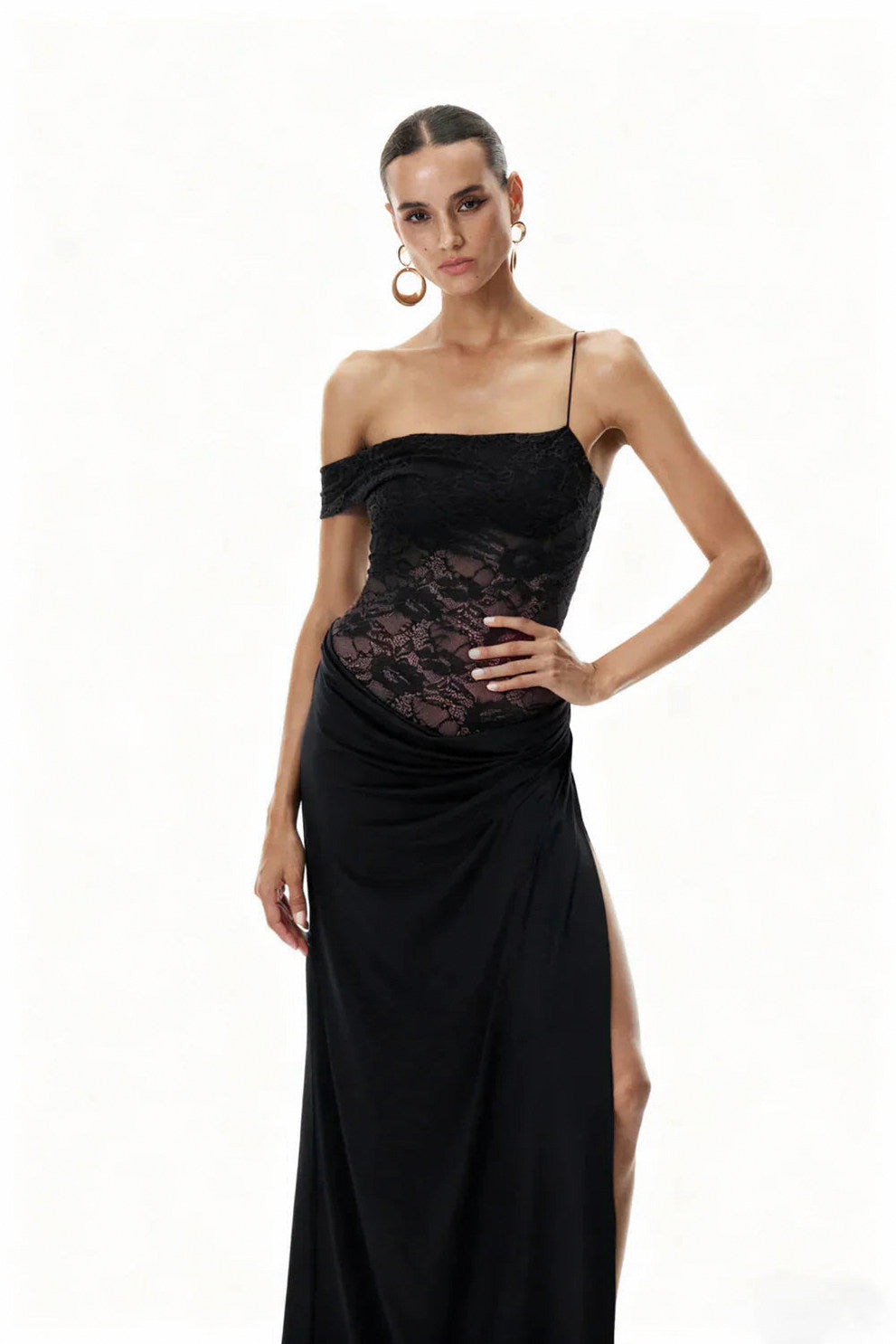 Lace Off Shoulder Draped Ruched Maxi Dress