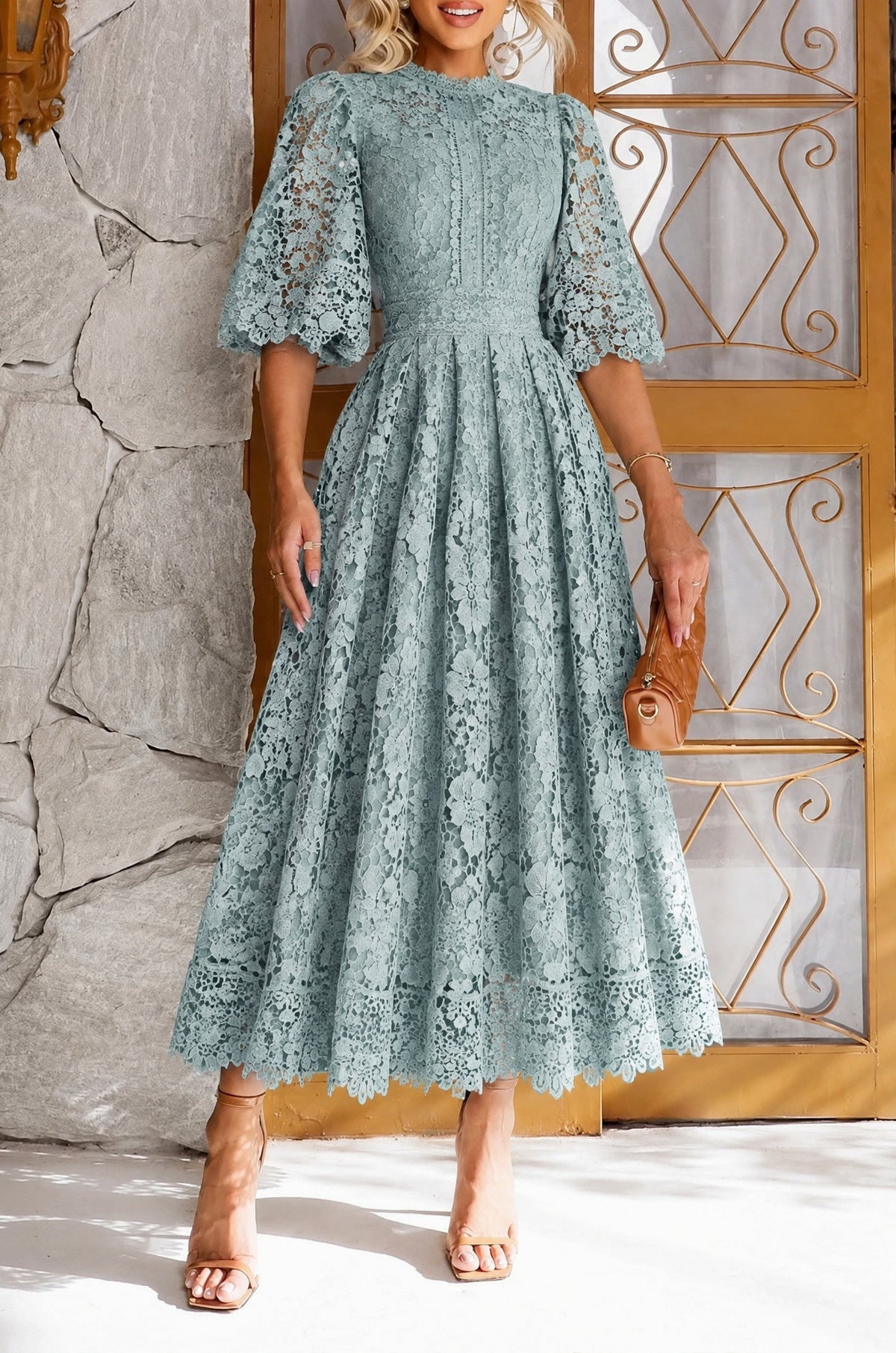 Lace Puff Sleeve Midi Dress