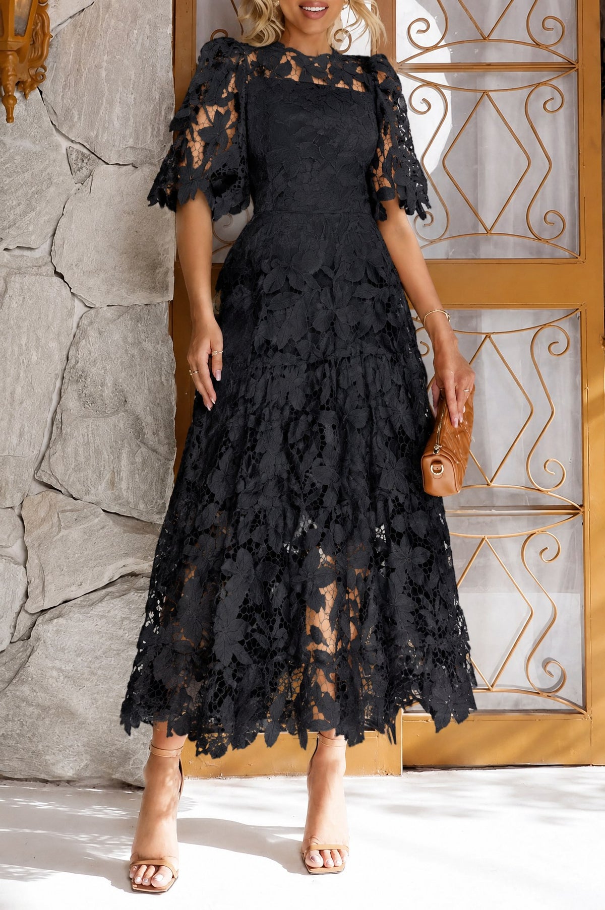 Lace Puff Sleeve Midi Dress
