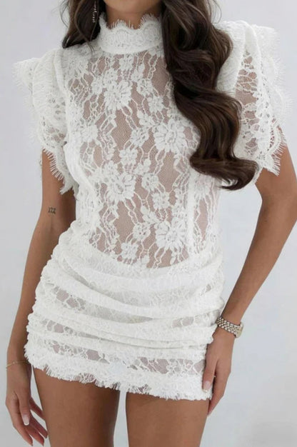 Lace Ruched High Neck Mini Dress