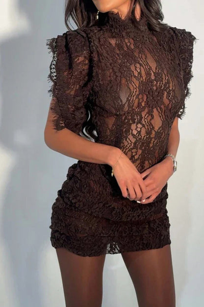 Lace Ruched High Neck Mini Dress