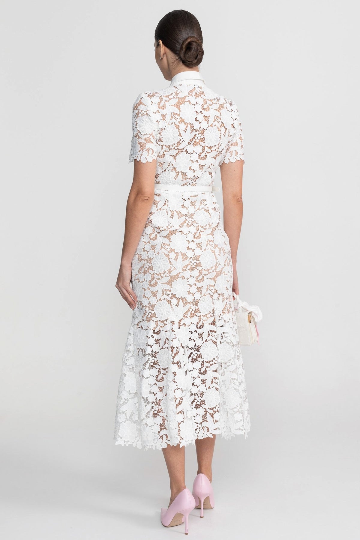 Lace Short Sleeve Button Front Belted Midi Shirt Dress