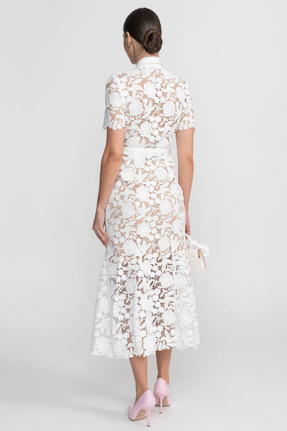 Lace Short Sleeve Button Front Belted Midi Shirt Dress