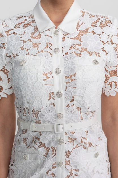 Lace Short Sleeve Button Front Belted Midi Shirt Dress