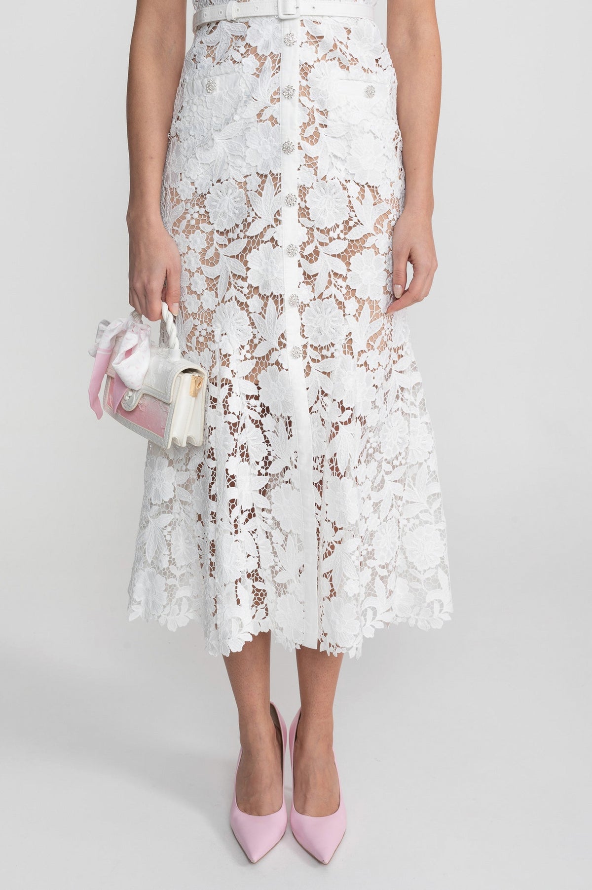 Lace Short Sleeve Button Front Belted Midi Shirt Dress