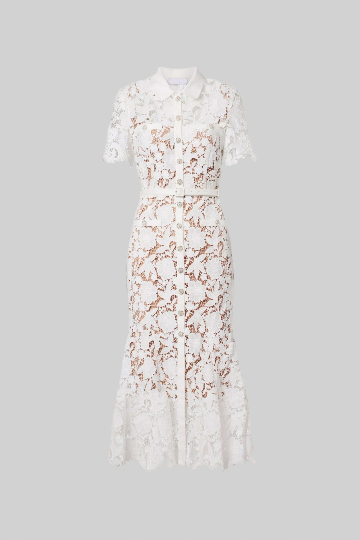 Lace Short Sleeve Button Front Belted Midi Shirt Dress