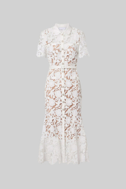 Lace Short Sleeve Button Front Belted Midi Shirt Dress