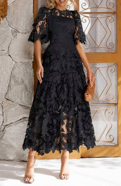 Lace Tiered Flutter Sleeve Midi Dress
