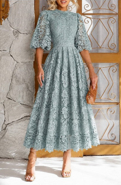 Lace Tiered Flutter Sleeve Midi Dress