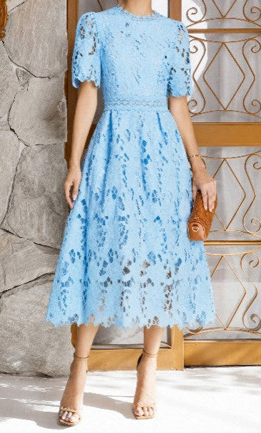 Lace Tiered Flutter Sleeve Midi Dress