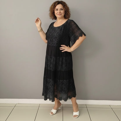 Lace Tiered Pleated Short Sleeve Midi Dress