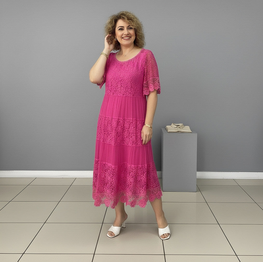 Lace Tiered Pleated Short Sleeve Midi Dress