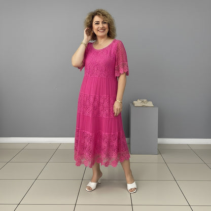 Lace Tiered Pleated Short Sleeve Midi Dress