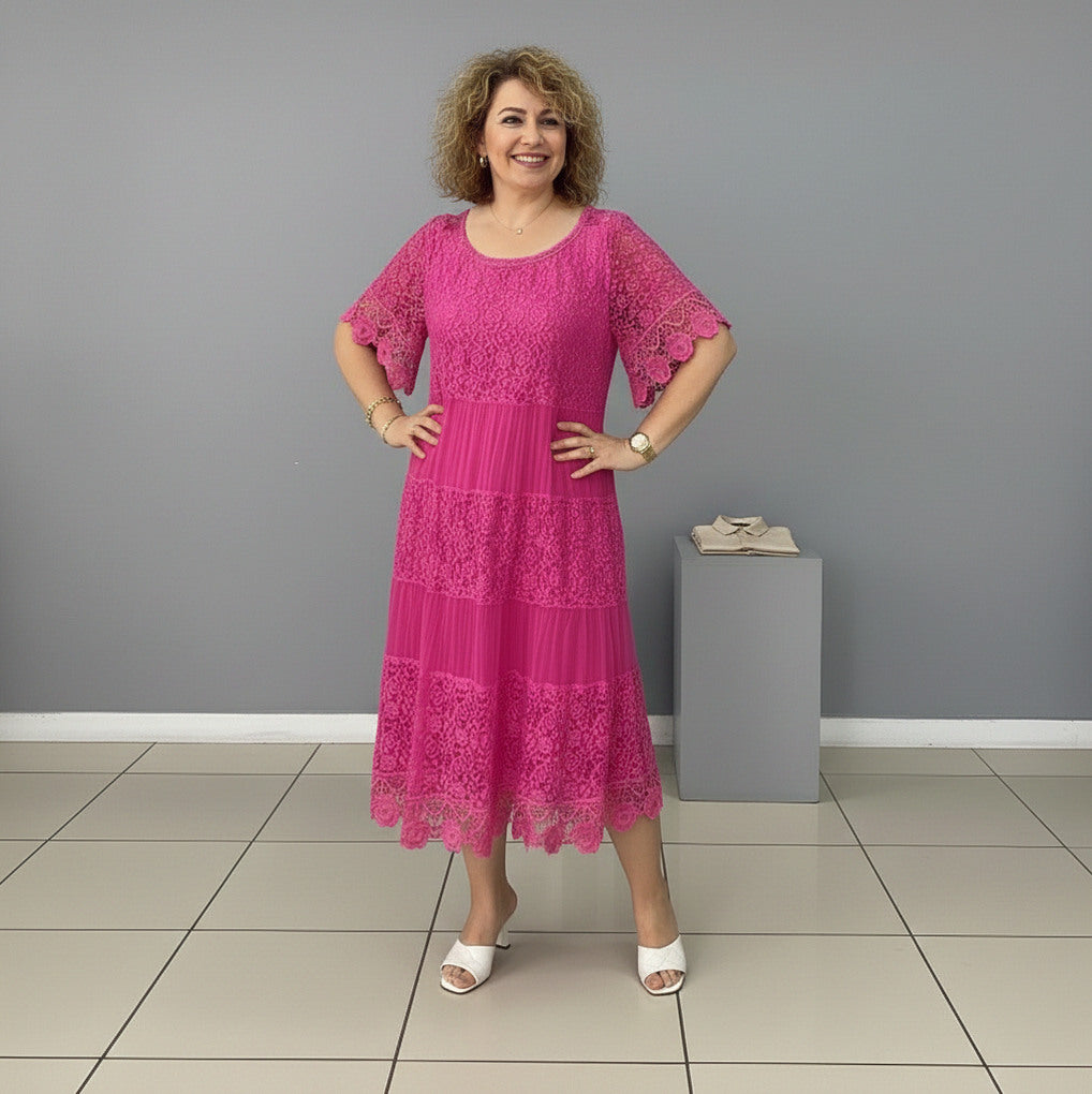 Lace Tiered Pleated Short Sleeve Midi Dress