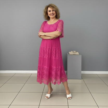 Lace Tiered Pleated Short Sleeve Midi Dress