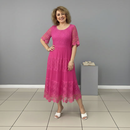 Lace Tiered Pleated Short Sleeve Midi Dress