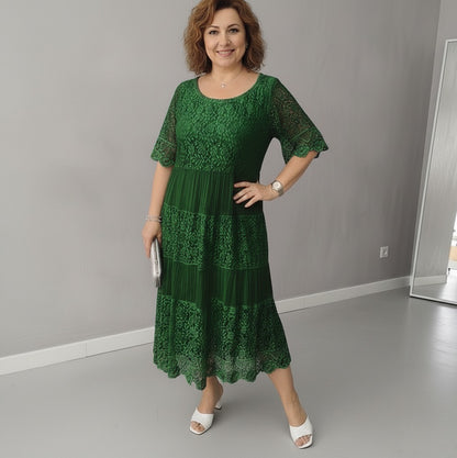 Lace Tiered Pleated Short Sleeve Midi Dress