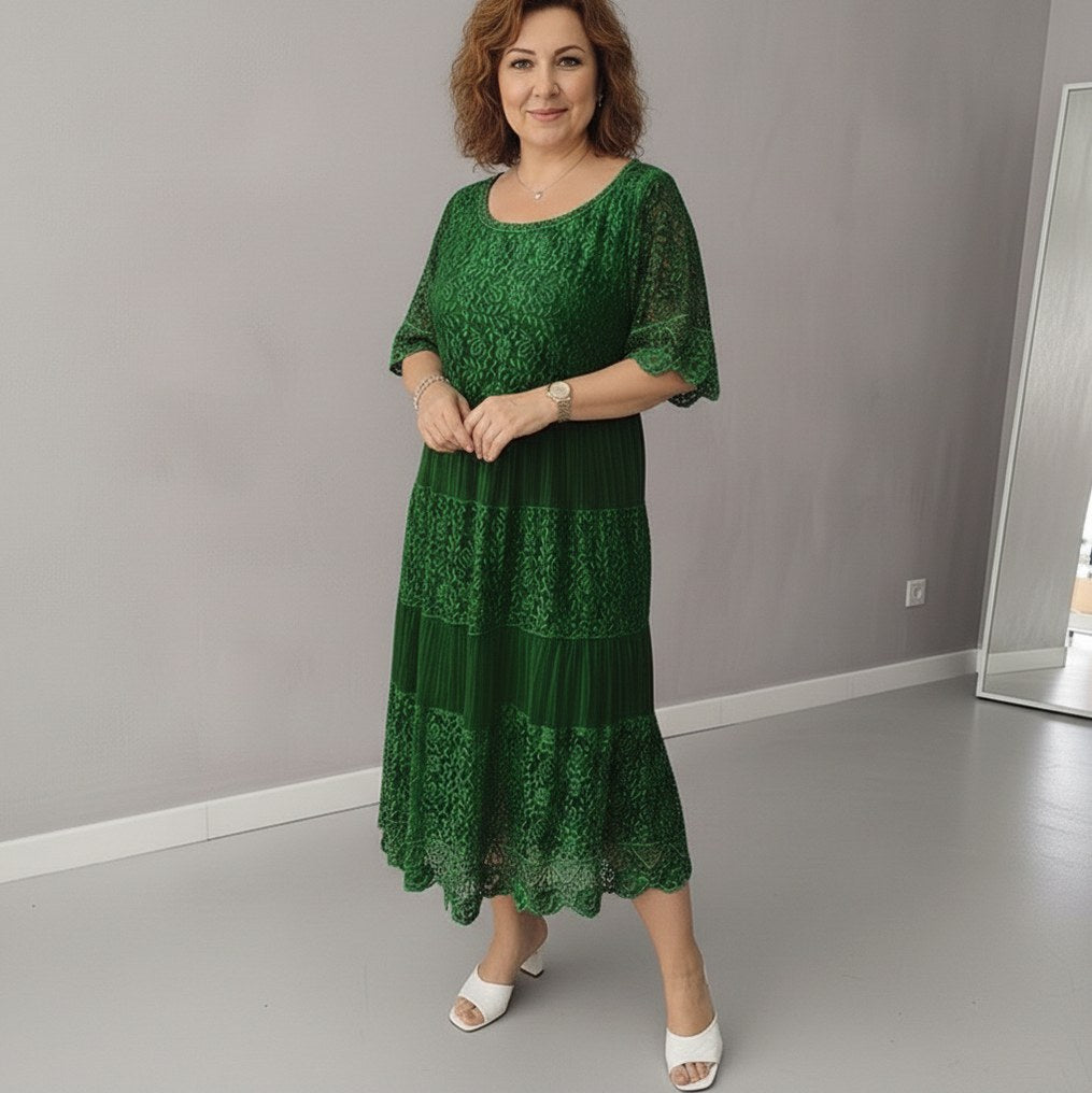 Lace Tiered Pleated Short Sleeve Midi Dress