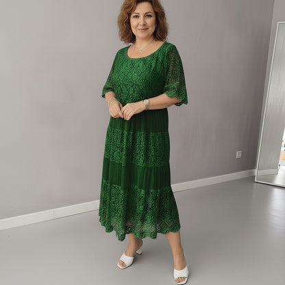 Lace Tiered Pleated Short Sleeve Midi Dress