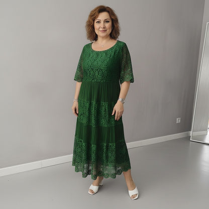 Lace Tiered Pleated Short Sleeve Midi Dress