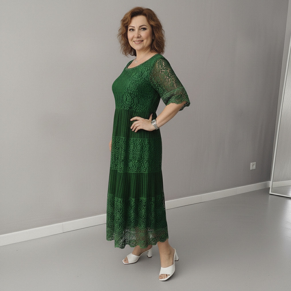 Lace Tiered Pleated Short Sleeve Midi Dress
