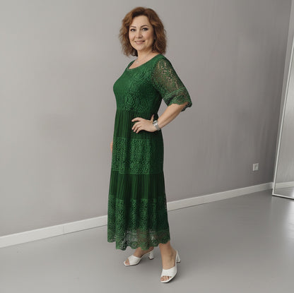 Lace Tiered Pleated Short Sleeve Midi Dress