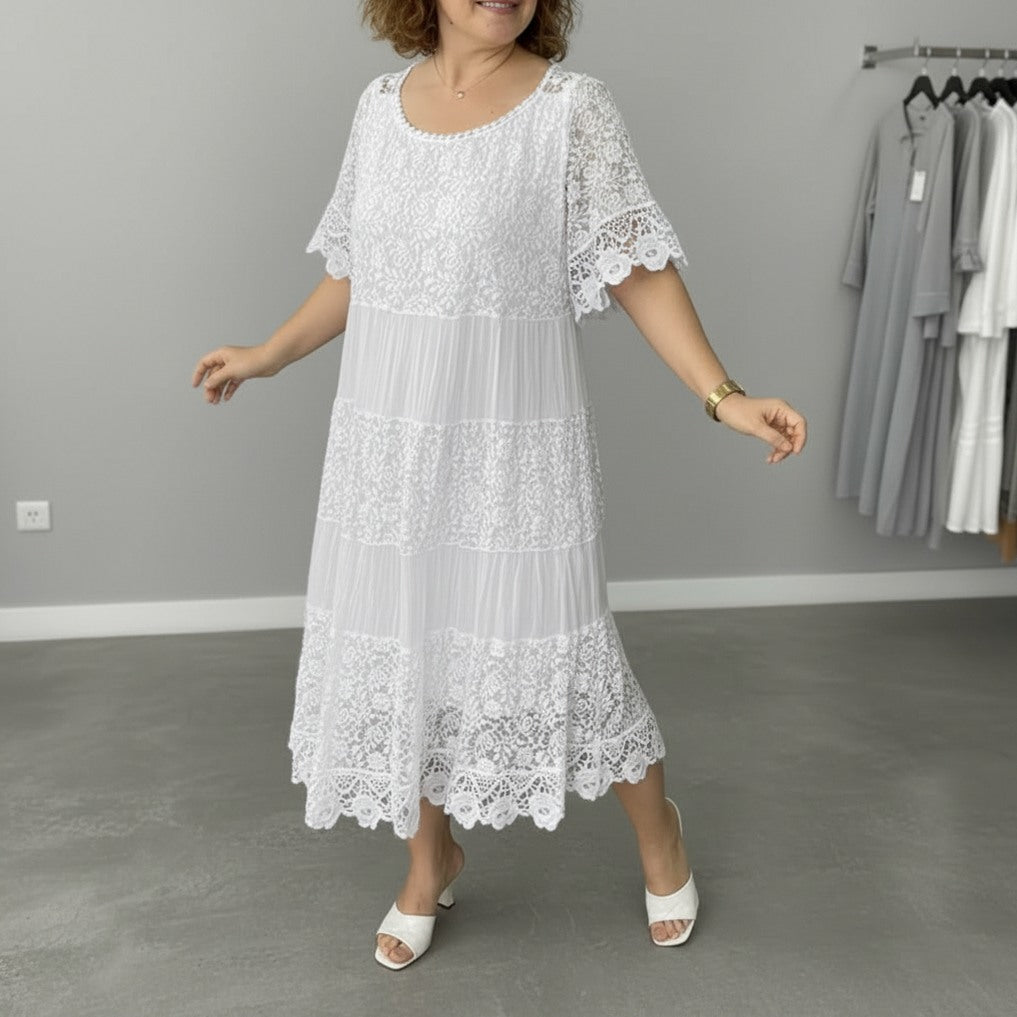 Lace Tiered Pleated Short Sleeve Midi Dress