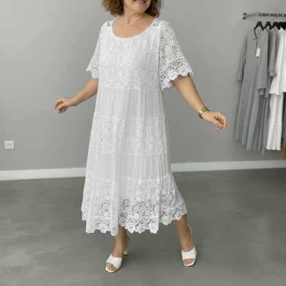 Lace Tiered Pleated Short Sleeve Midi Dress