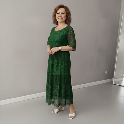 Lace Tiered Pleated Short Sleeve Midi Dress