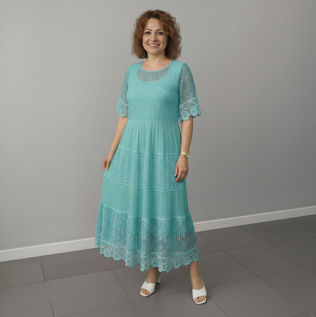 Lace Tiered Pleated Short Sleeve Midi Dress