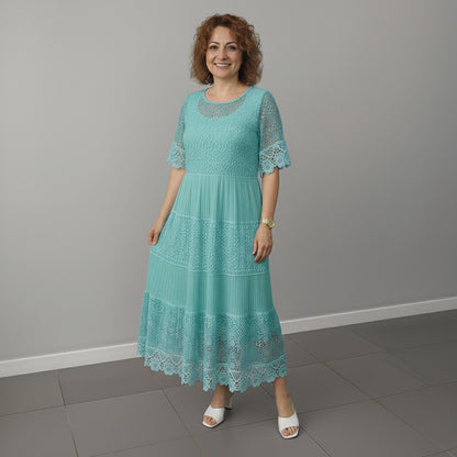 Lace Tiered Pleated Short Sleeve Midi Dress