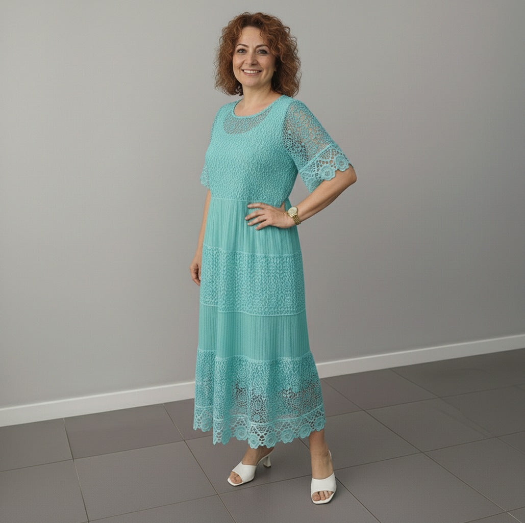 Lace Tiered Pleated Short Sleeve Midi Dress