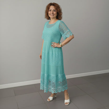 Lace Tiered Pleated Short Sleeve Midi Dress